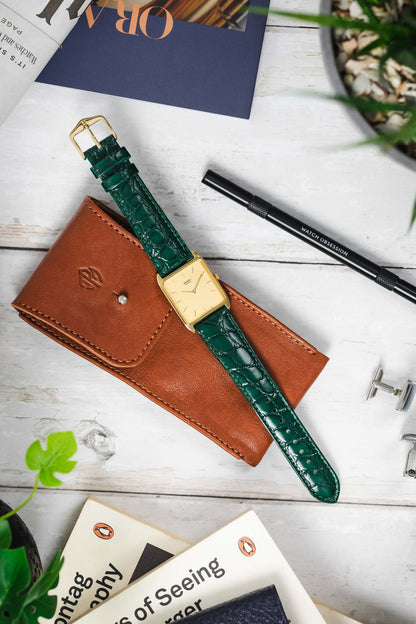 Hirsch CROCOGRAIN NQR Crocodile Embossed Leather Watch Strap in GREEN