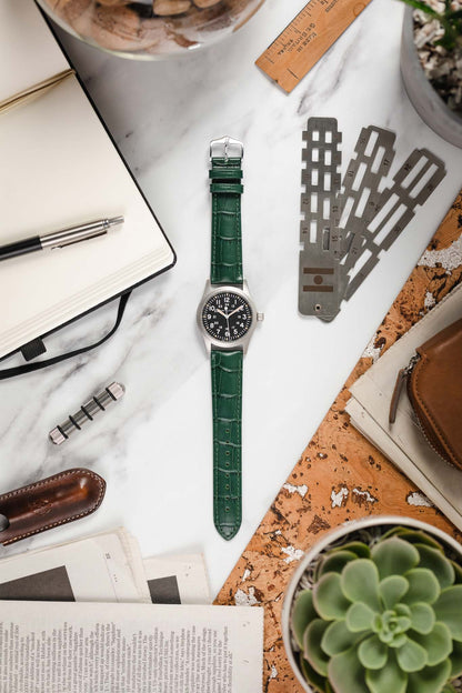 Hirsch DUKE Alligator Embossed Leather Watch Strap in GREEN